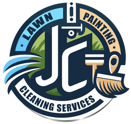 JT logo for lawn, painting, and cleaning services with blue, green, and tan tools