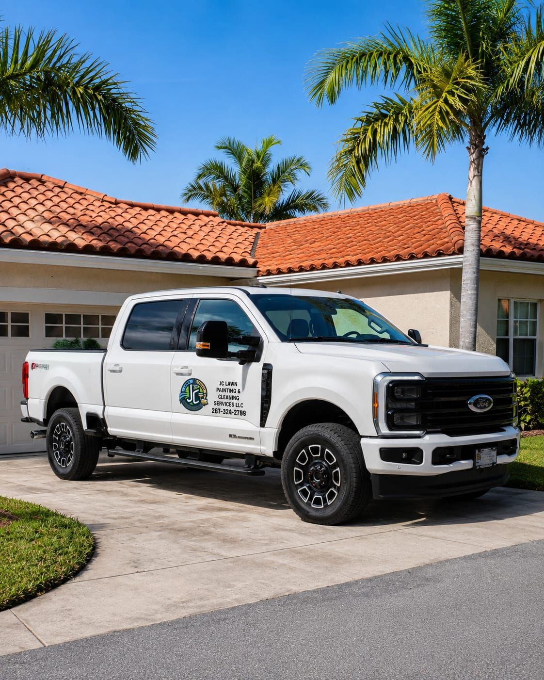 White pickup truck parked in a driveway beside a house with a red tile roof and palm trees
