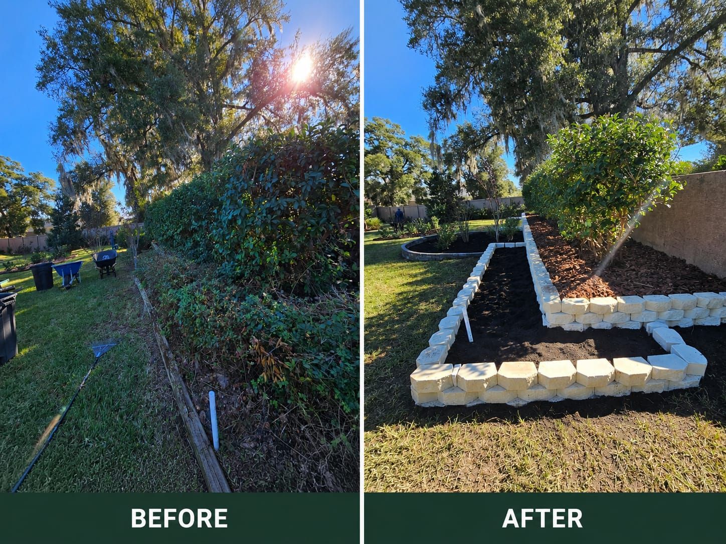 Before-and-after garden path with white border edging and a mulched bed, showing landscaping improvement.