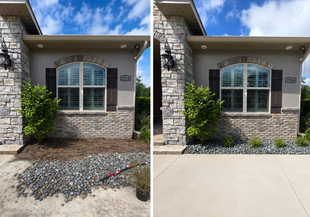 Before-and-after front entryway: gravel bed replaced with smooth concrete patio beneath arched windows.