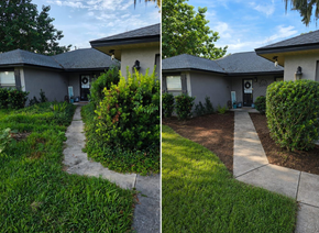 Side-by-side front yard walkway before-and-after: overgrown grass and bushes, then trimmed landscaping.