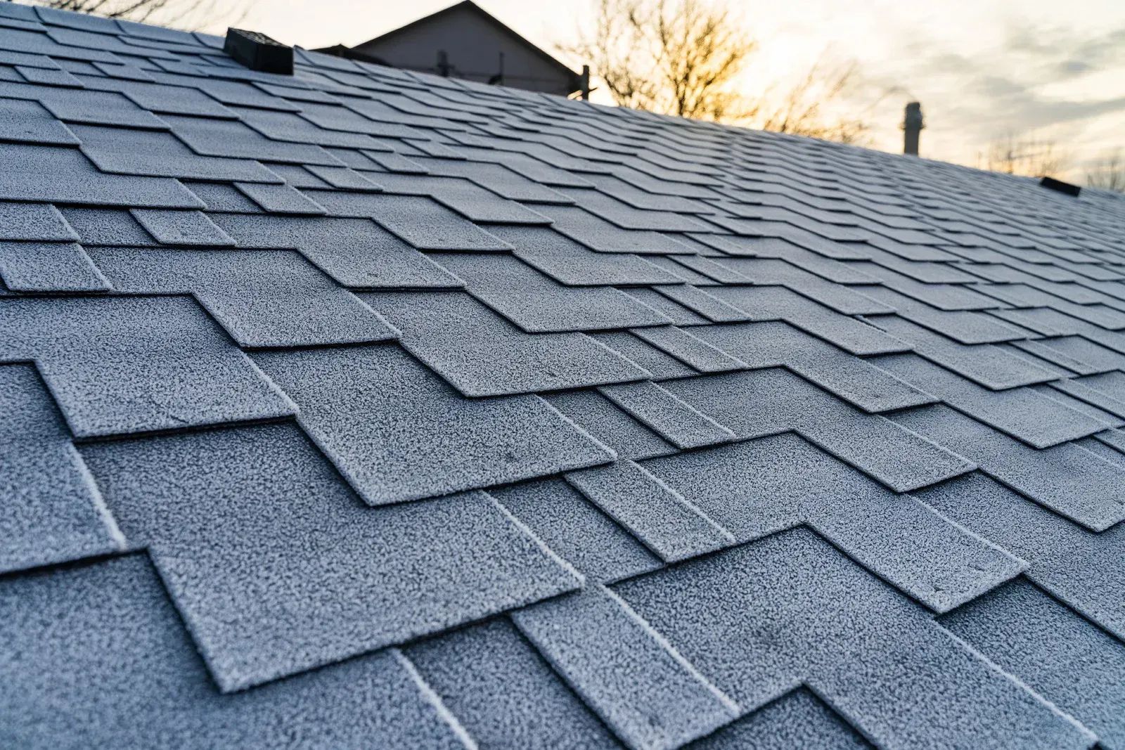 Close-up of gray asphalt shingles on a sloped roof at sunset