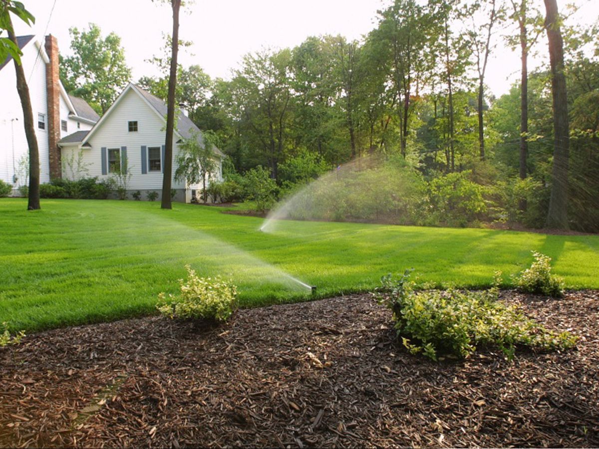 Sprinklers watering a lush green lawn in front of a white house with trees in the background.