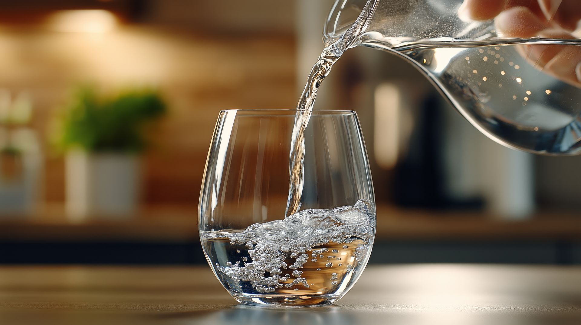 Water being poured from a pitcher into a clear glass on a kitchen counter.