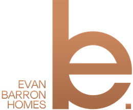 The logo for evan barron homes is brown and white