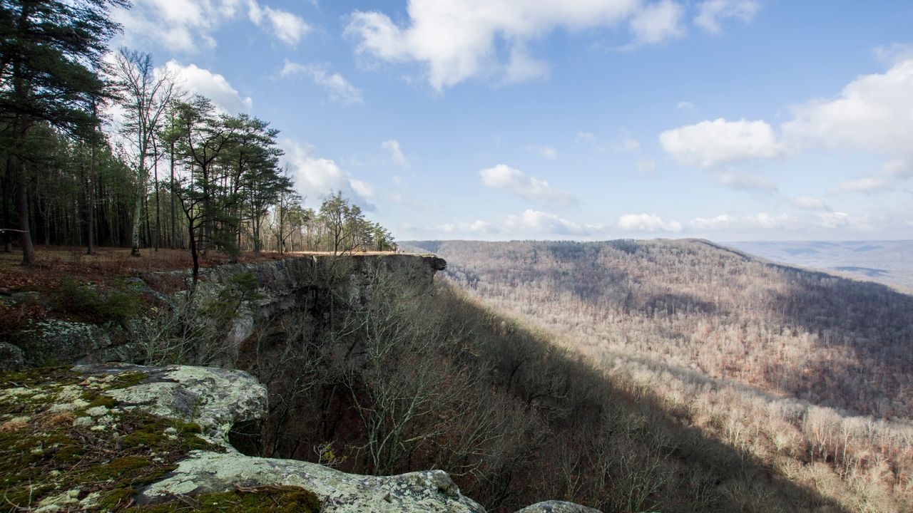 Rocky forest overlook above a wide valley under a partly cloudy sky