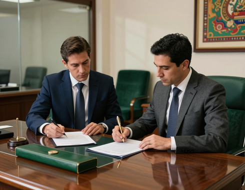 Dos hombres de negocios con traje revisan documentos en una mesa de conferencias en una sala de reuniones de una oficina.