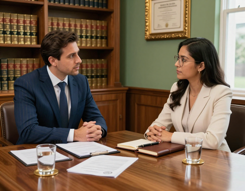 Dos profesionales con traje discuten sobre unos documentos sentados alrededor de una mesa de conferencias en una oficina.