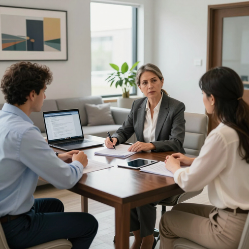 Tres personas en una reunión de negocios alrededor de una mesa