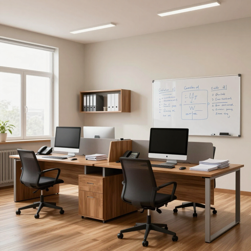 Oficina moderna con dos escritorios, ordenadores, pizarra blanca y sillas en una habitación luminosa.