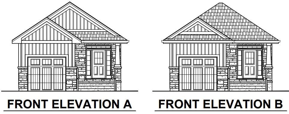 A black and white drawing of two front elevations of a house.