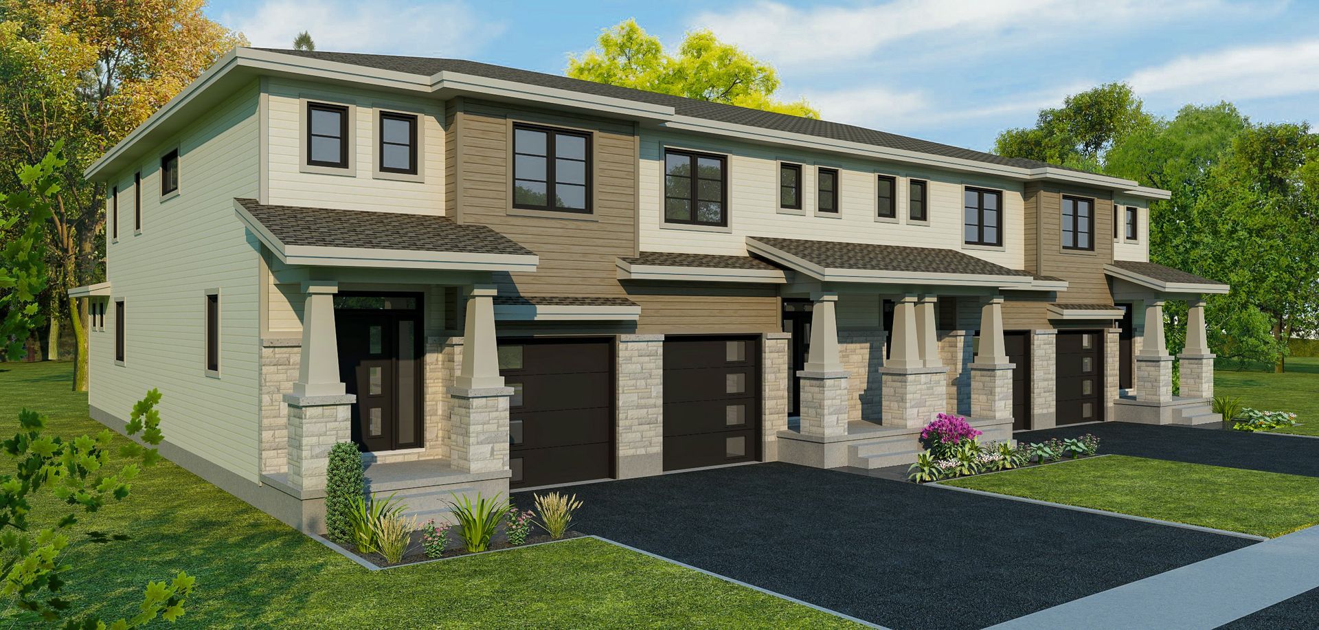 An mock-up of a town house with two garages.