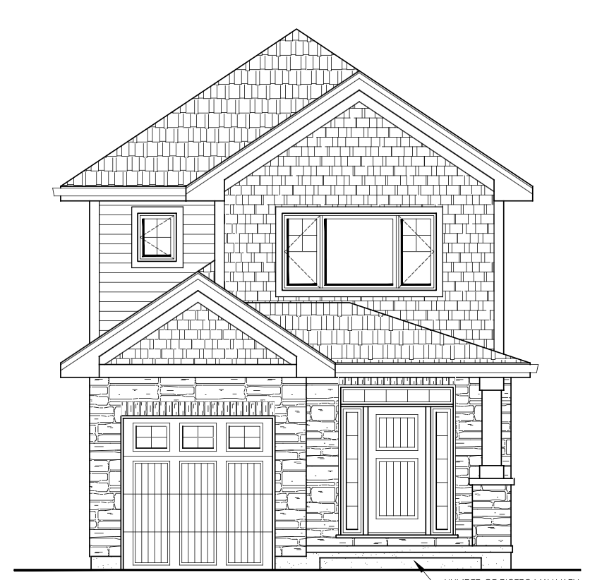 A black and white drawing of a brick house with a garage