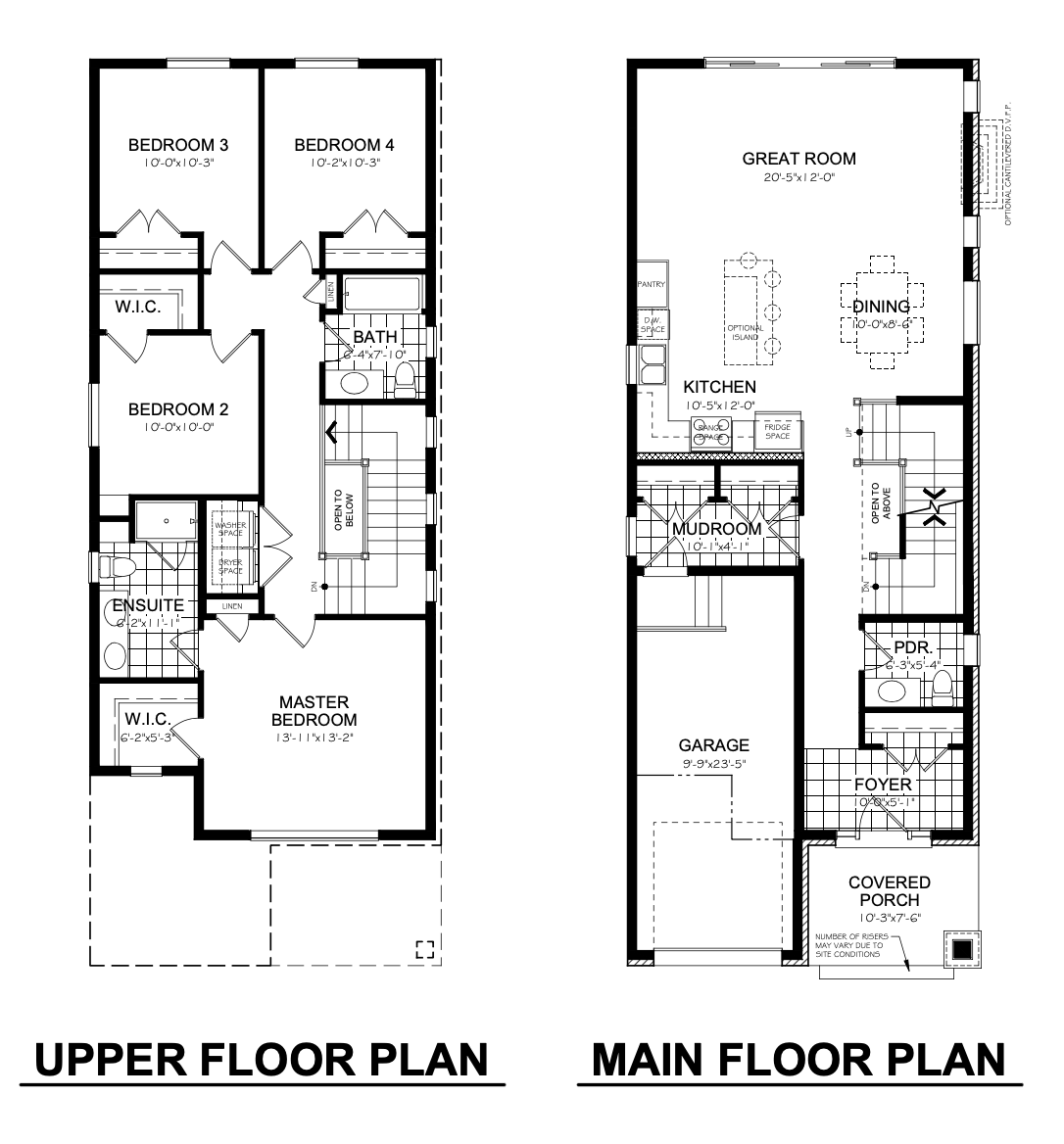 A black and white floor plan of a house with an upper floor plan and a main floor plan.