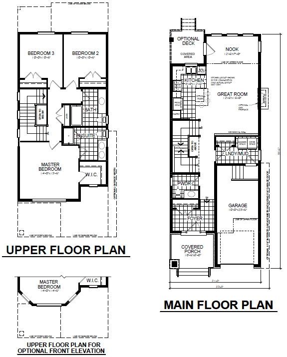 A black and white floor plan of a house with the upper floor plan and main floor plan