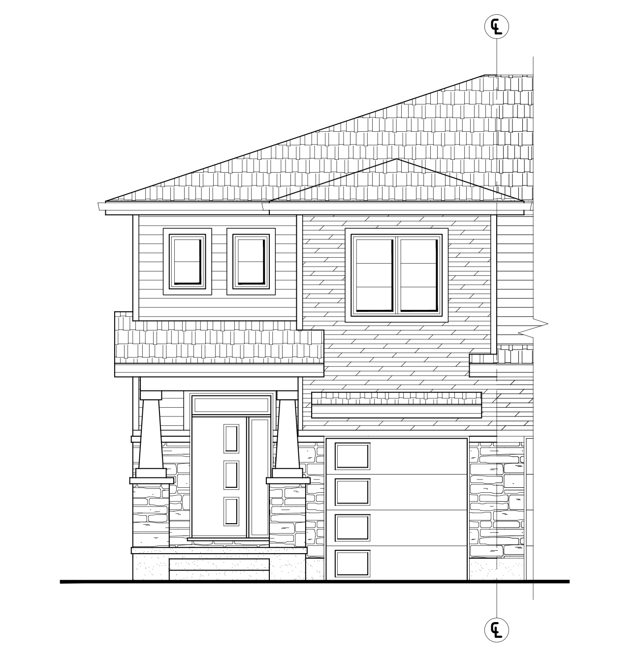 A black and white drawing of a house with a front elevation
