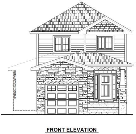 A black and white drawing of the front elevation of a house