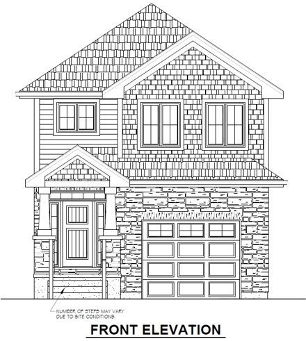 A black and white drawing of a house with a garage and a front elevation