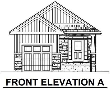 A black and white drawing of the front elevation of a house.
