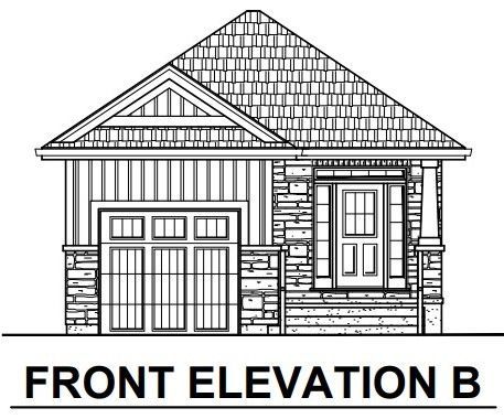 A black and white drawing of a house with a garage and a front elevation.