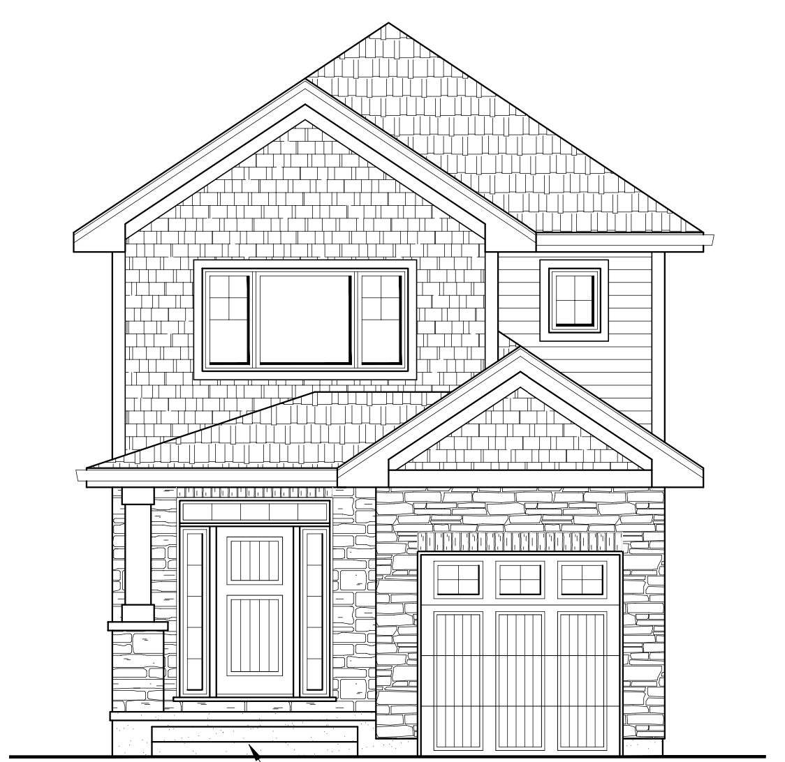 A black and white drawing of a house with a garage.