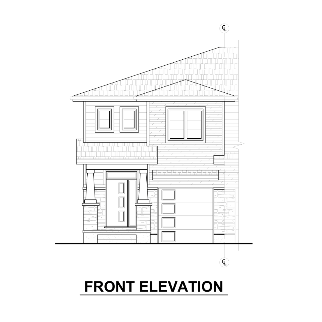 A black and white drawing of a house with a front elevation