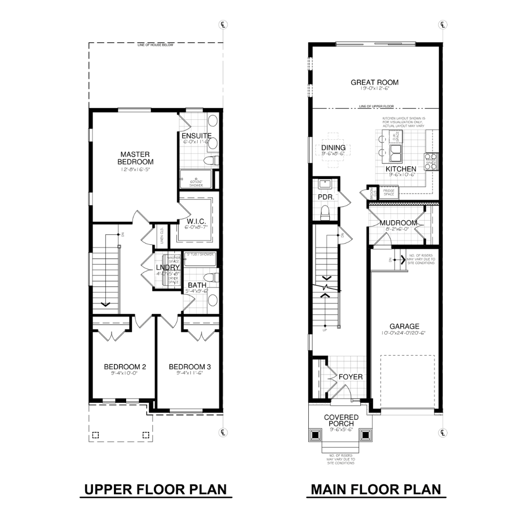 A floor plan of a house with an upper floor plan and a main floor plan