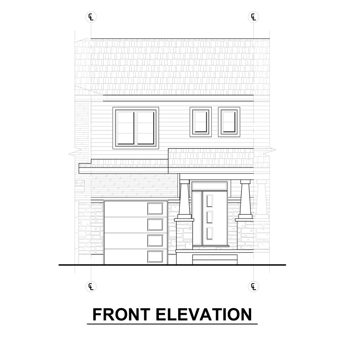 A black and white drawing of the front elevation of a house.