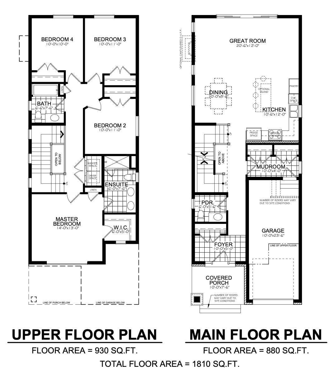 The upper floor plan and main floor plan of a house.
