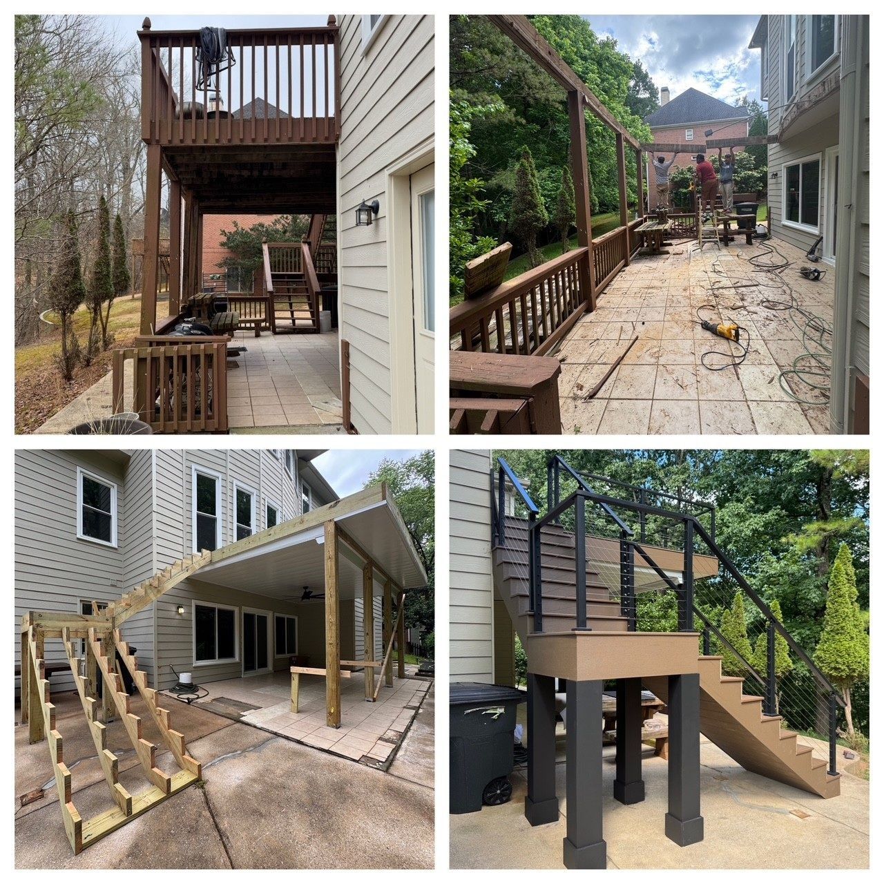 Four photos showing the step-by-step renovation of a home deck and staircase with tan and dark brown materials.