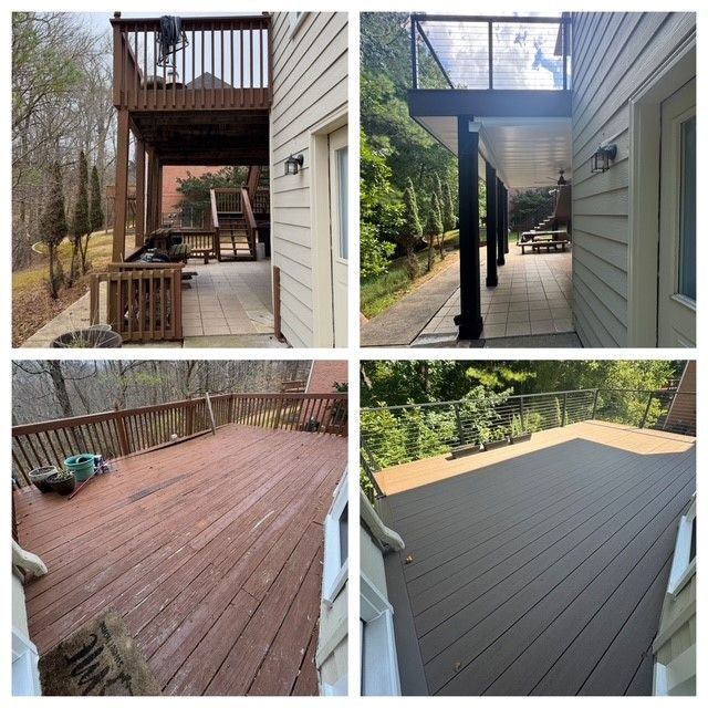 Before and after photos of a residential deck renovation, showing a transition from old wood to modern composite decking.
