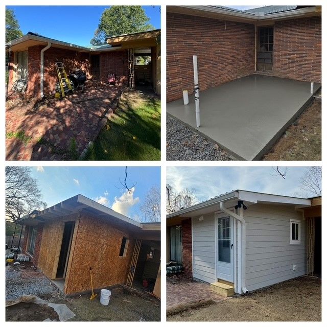 Four construction photos of home exterior repairs: patio, concrete slab, boarded wall, and new siding.