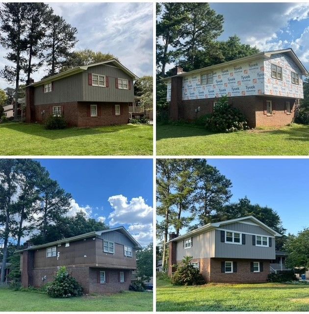 Four views of a two-story brick-and-siding house with a green lawn and tall trees under a blue sky.