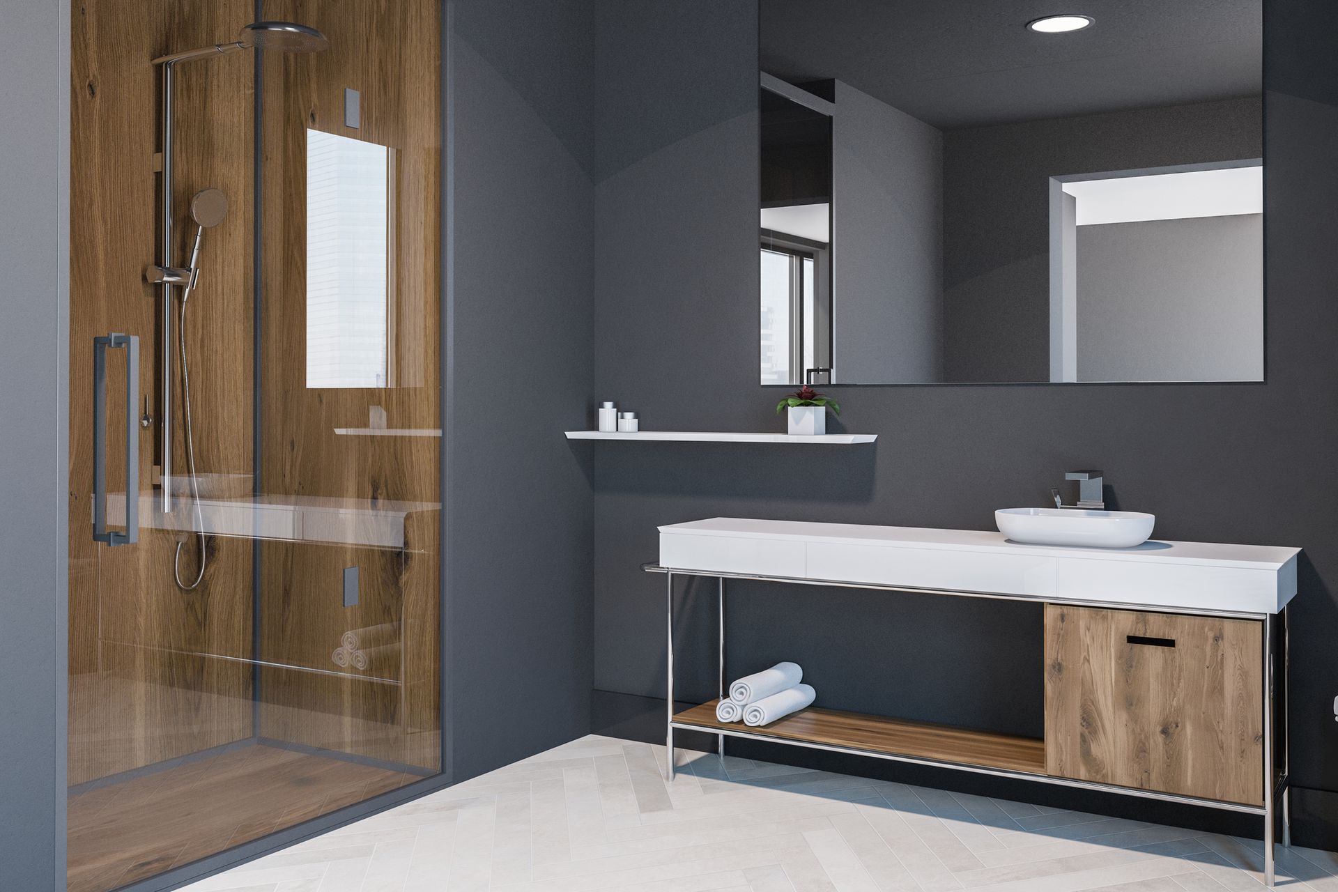 Modern bathroom with glass shower, wood accents, floating shelf, mirror, and sleek vanity design.