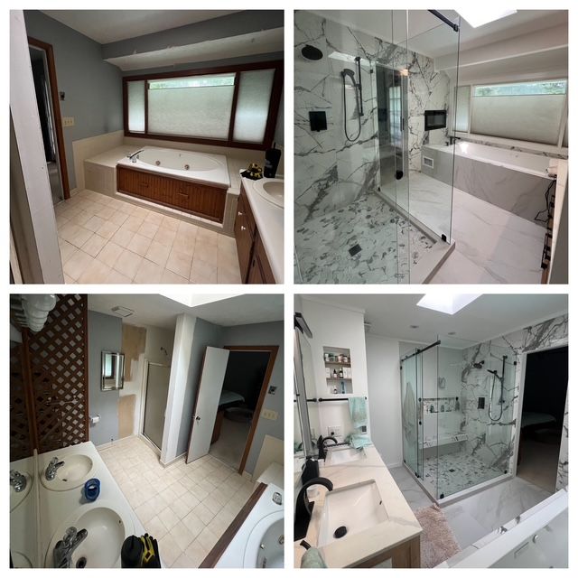 Four views of a modern white marble bathroom with tub, double sink, and glass shower.