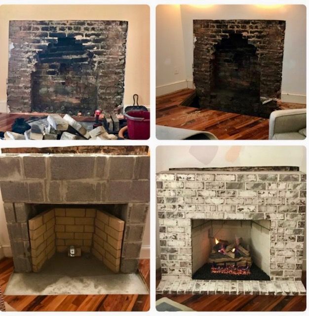 Four fireplace renovation stages: exposed brick, cleaned hearth, rebuilt firebox, and finished whitewashed surround.