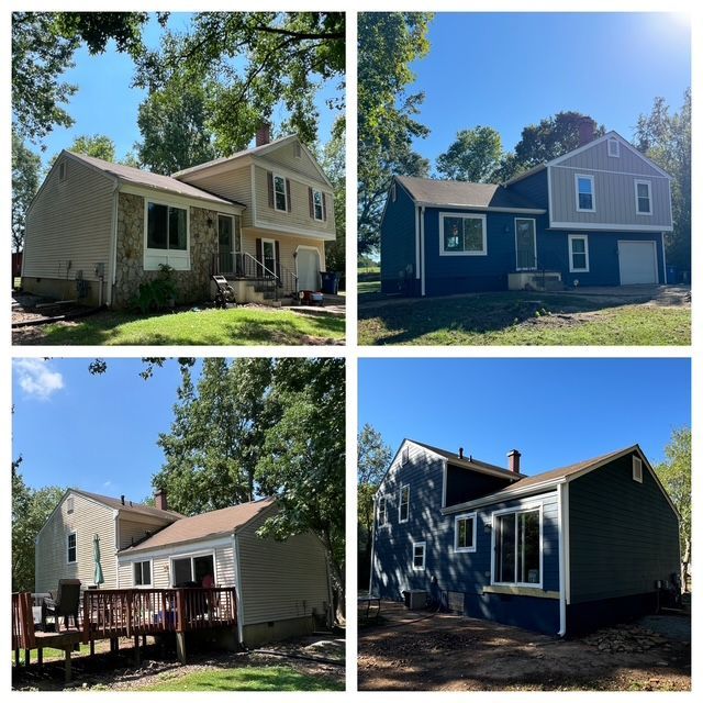 Collage of four views of a small house with beige siding, a deck, and trees in the yard