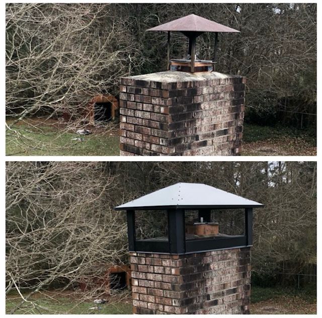 Before-and-after of a brick chimney with a metal roof cap, replacing a small rusted topper with a larger one.