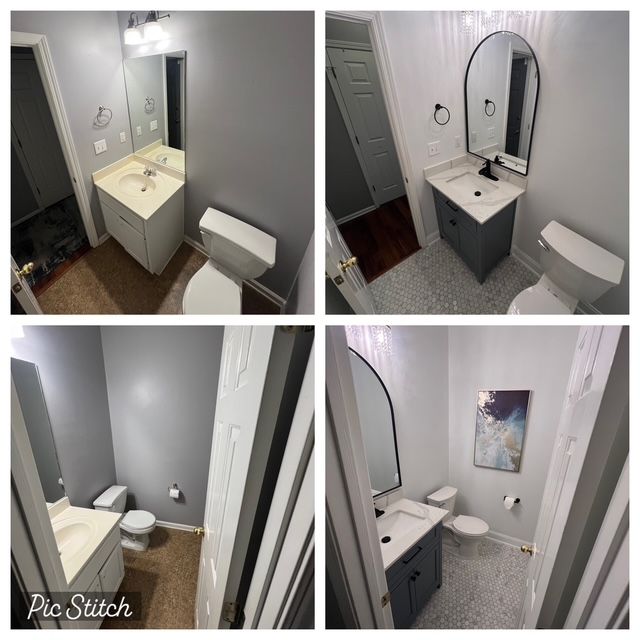 Collage of a small gray bathroom with vanity, mirror, toilet, and shower area from different angles