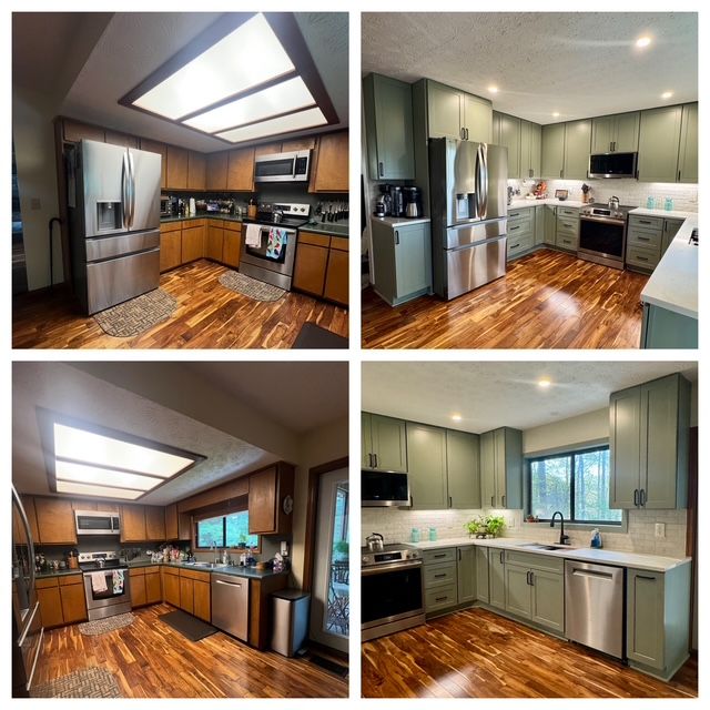 Four kitchen renovation views with stainless steel appliances, gray cabinets, and warm wood floors