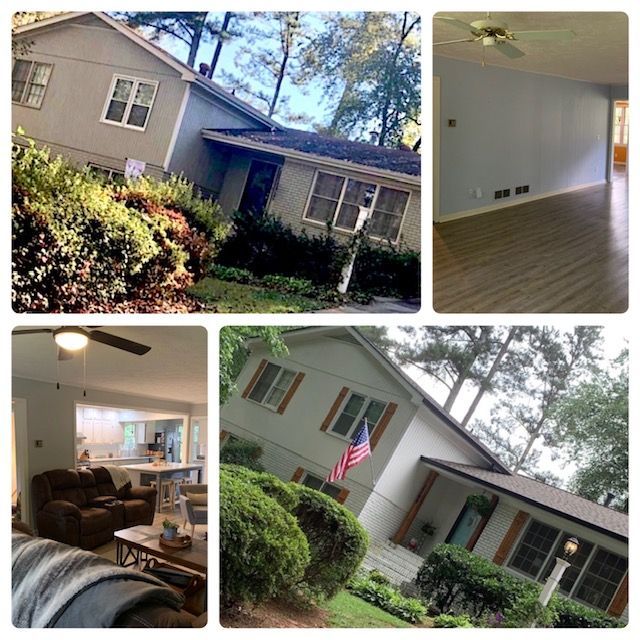 Collage of a gray house exterior, bright living room, and front porch with an American flag and shrubs
