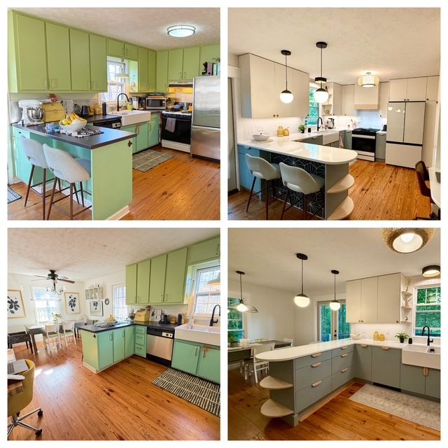 Collage of a mint-green kitchen with wood floors, white island, stainless appliances, and hanging pendant lights
