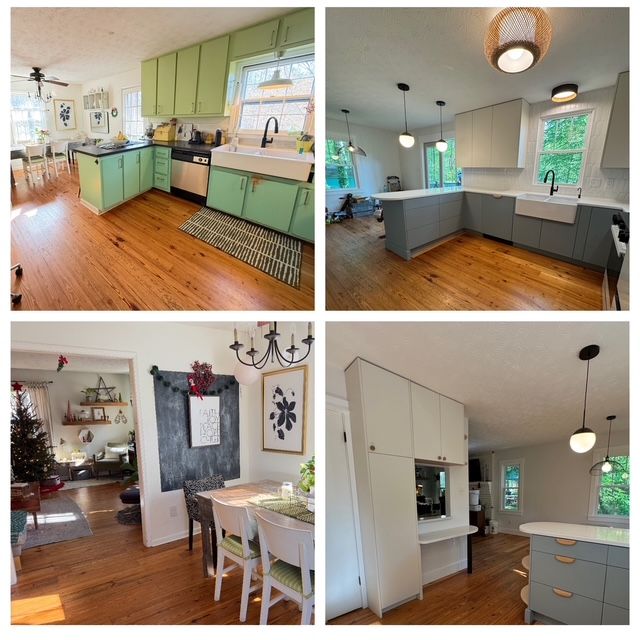 Collage of a bright kitchen and dining area with mint green cabinets, white counters, and wood floors