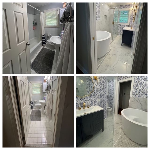 Collage of a small bathroom with white tile, a vanity, bathtub, and patterned wallpaper.