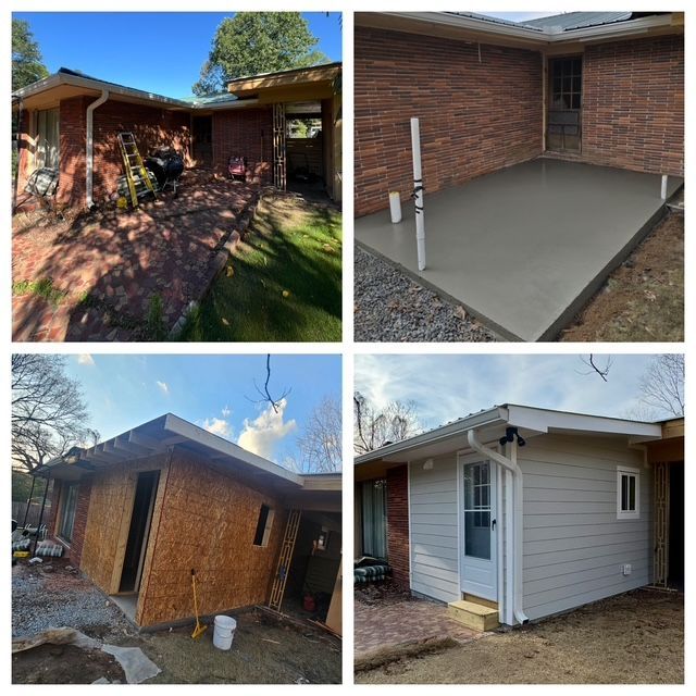 Four exterior views of a small home with porch and siding renovations, including concrete and wood framing work
