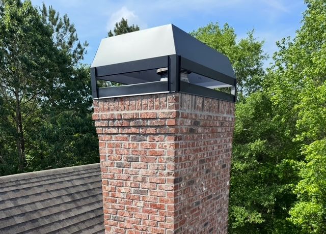 Brick chimney with a black metal cap against a blue sky and trees