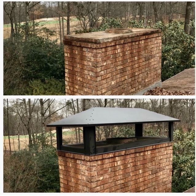 Brick chimney before and after installation of a black metal cap in a wooded yard