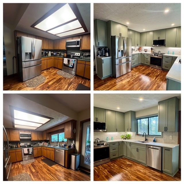 Four views of a modern kitchen with stainless steel appliances, gray cabinets, and wood floors