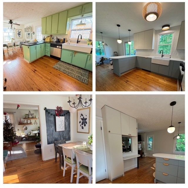 Collage of a bright kitchen and dining area with mint-green cabinets, hardwood floors, and white countertops