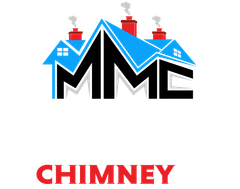 Millie Monroe Construction MMC Chimney logo with blue rooftops, red chimneys, and red “CHIMNEY” text